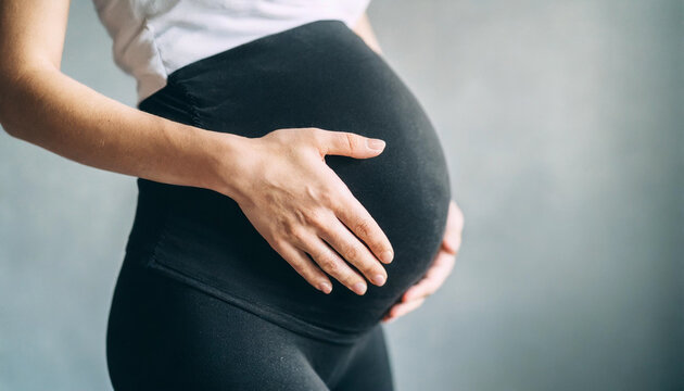 pregnant belly in yoga tights against a gray backdrop, symbolizing wellness, purity, and fertility