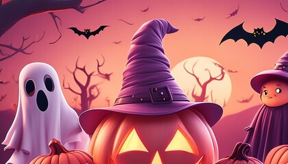 halloween themed cartoon background with pumpkins, creepy ghosts, and witches, in the style of dark pink and orange