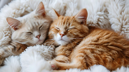 Lovely cat couple sleep together hug on white fluffy blanket