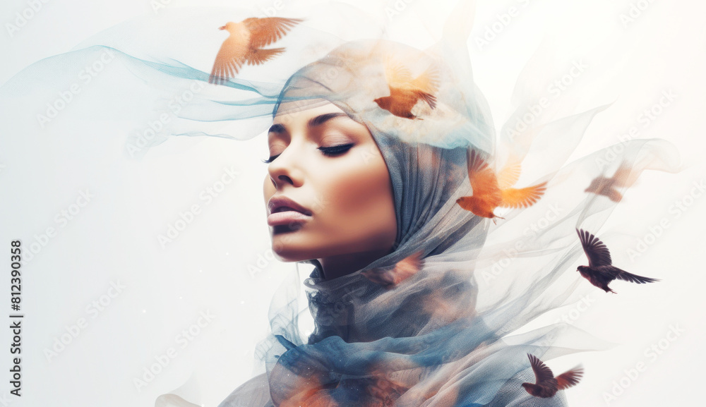 Sticker Double exposure of fashion Arabian woman and flying bird. Beautiful female portrait