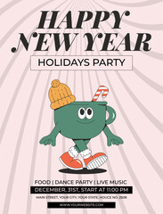 Merry Christmas and Happy New year party invitation. Playful and cheeky character coffee cup in trendy groovy style. Retro elements and shapes. Vector illustration