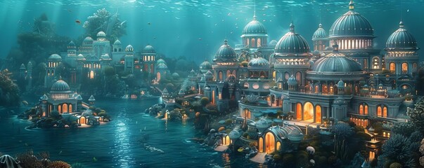 Obraz premium A digital visualization of an undersea city powered by tidal energy, with buildings shaped like coral and sea creatures