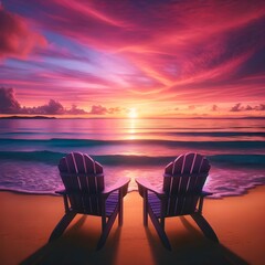 a couple's chair under the sunset on the beach - obrazy, fototapety, plakaty
