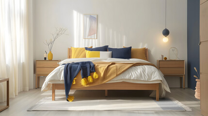 Cozy Scandinavian Bedroom Interior with Mustard and Navy Accents - obrazy, fototapety, plakaty