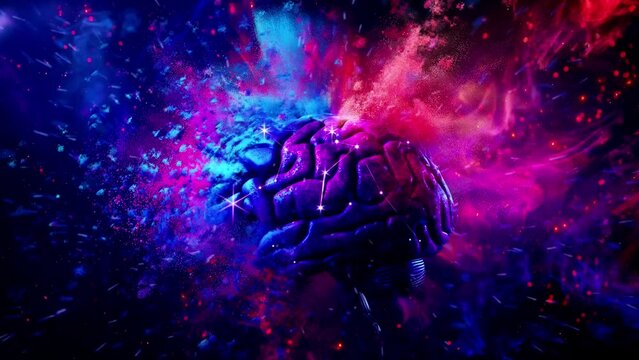 Human brain explodes with splashes of colorful particles. Represents creativity, innovation, imagination, and ideas for art and knowledge	
