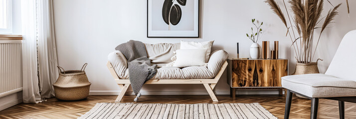 Scandinavian minimalist interiors composition with minimal furniture and neutral tones.