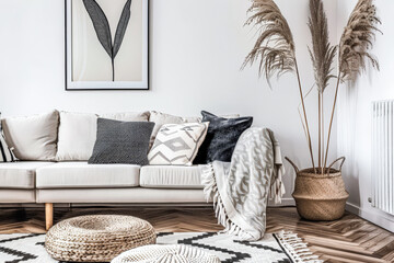 Scandinavian minimalist interiors composition with minimal furniture and neutral tones.