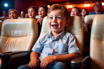 Smiling happy little boy watching movie in cinema with enjoyment and fun