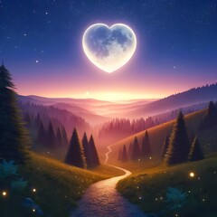 The moon shaped like a heart in the beautiful night sky - obrazy, fototapety, plakaty