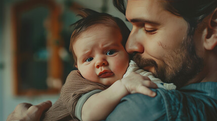 Portrait of a father hugging and kissing newborn baby. Authentic lifestyle touching tender moment.