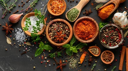 cooking table with spices and herbs