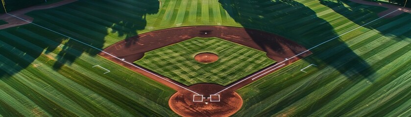 Aerial view of a baseball field, showcasing the geometric patterns and symmetry of the playing surface, Drone photography, Abstract composition - Powered by Adobe
