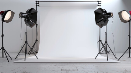 Professional Photo Studio Background. Photography Equipment in Studio Setting. Cameras, Lights, and Backdrop Setup for Professional Photo or Video Production.