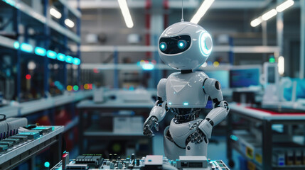 Robot, a meticulous electrical engineer Demonstrates expertise in assembling parts in a realistic electronics factory.
