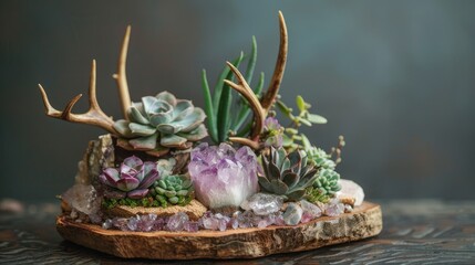 A tiny arrangement featuring a rock crystal gem a potted plant and saiga antlers on a wooden stand Succulents and gemstones displayed on the surface