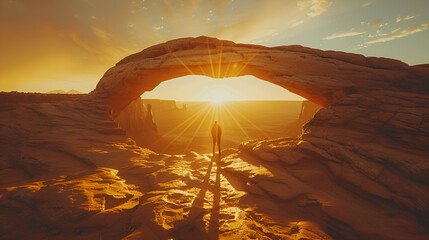 Man standing in the middle of a desert near a rock arc - Powered by Adobe
