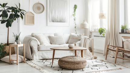 Scandinavian-Inspired Home Decor. Trend Concept. Bright and airy living room embodies Scandinavian design principles with its focus on functionality, simplicity, and natural elements.
