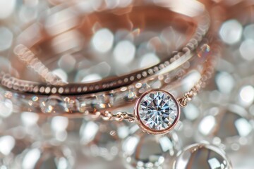 Elegant rose gold bracelet with a prominent sparkling diamond, set against a blurred background of jewelry.
