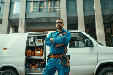 An Ai generative image of electrician as superhero full with equipment in the van at office - obrazy, fototapety, plakaty
