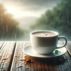 a teacup with sadness in the rain - obrazy, fototapety, plakaty