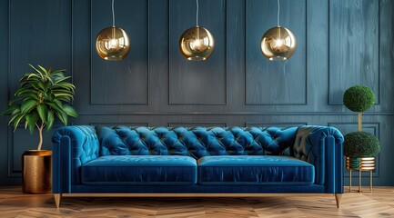 Obraz premium interior design,Contemporary Living Room Interior Design with Blue Sofa and Golden Pendant Lamp 3d rendering