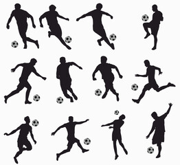 Football player silhouette.  Collection of soccer player in motion action. 