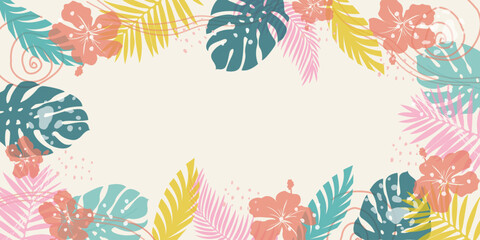 Horizontal summer background with tropical leaves and flowers with overlay effect. Abstract cover for web banner, social media banner, postcard, invitation. Summer vacation concept. Beach theme.