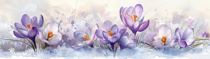 Delicate crocus blooms, in purple and white, emerge through snow, symbolizing the end of winter and the renewal of nature. - obrazy, fototapety, plakaty