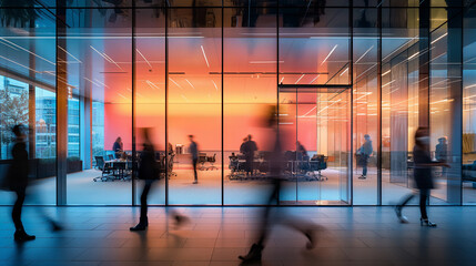 Blurred office with people working behind glass wall