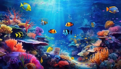 Obraz premium Tropical fish in the underwater, coral reef, amazing underwater life, various fish and exotic coral reefs, ocean wild creatures background