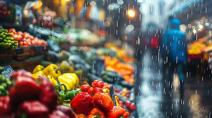 Blurred shoppers walking through a vegetable market