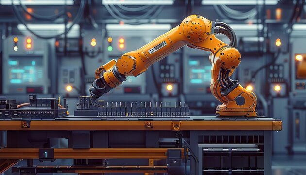 A dynamic image of a robotic arm assembling electrical components, showcasing precision and automation