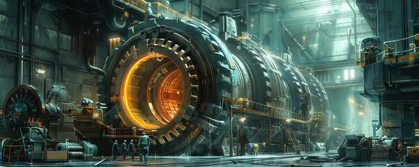 A dynamic scene in an industrial plant where large gears turn powered by massive electric generators