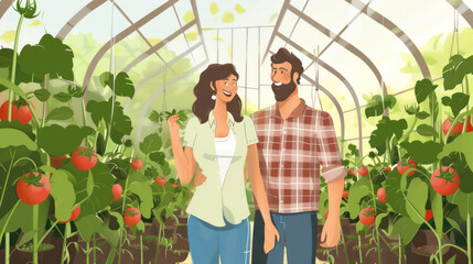 Successful farm family, couple engaged in growing of organic vegetables in hothouse, tomato. - obrazy, fototapety, plakaty