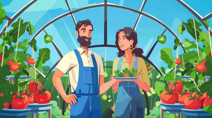 Successful farm family, couple engaged in growing of organic vegetables in hothouse, tomato. - obrazy, fototapety, plakaty