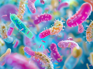 A vivid, densely packed landscape of multicolored, textured microorganisms rendered in 3D against a vibrant background. - obrazy, fototapety, plakaty