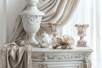 Elegant classic interior decor with a white ornate vase, decorative urns, and draped fabric. - obrazy, fototapety, plakaty