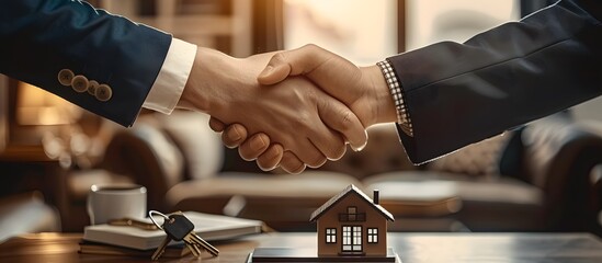 Real estate agent and customer shaking hands over house model keys and contract on table, Two businessmen are handshaking for a franchise deal. - obrazy, fototapety, plakaty