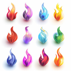 Set of 3D flame icons, each a different shade of the rainbow, displayed on a white background. The flames have a soft, matte finish and are modeled with a light shadow to create depth. Created Using:  - obrazy, fototapety, plakaty