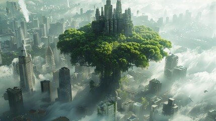 A fantasy depiction of a giant air purifier shaped like a tree, its branches clearing the pollution from a city