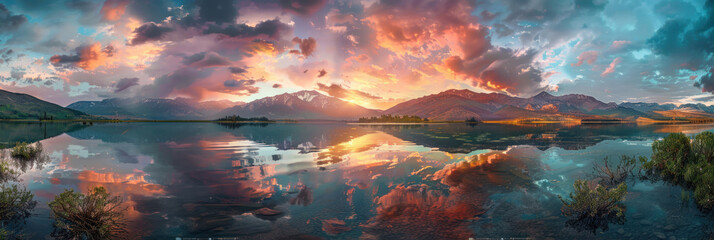 Wide Mountain Lake Vista. A wide panoramic shot captures a picturesque mountain lake reflecting a dramatic sunset sky, creating a stunning natural landscape. Panoramic Nature Scenery.