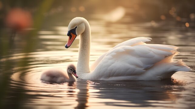 a beautiful white swan with her young on the lake
