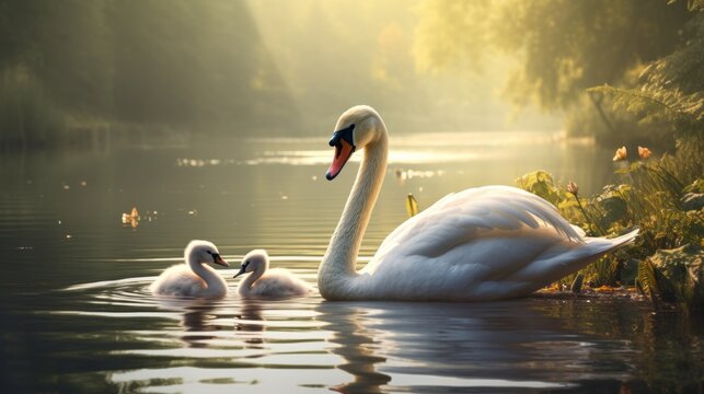 a beautiful white swan with her young on the lake