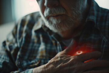 Elderly man experiences chest pain, closeup of hand clutching heart area, showing signs of distress from heart issues.
