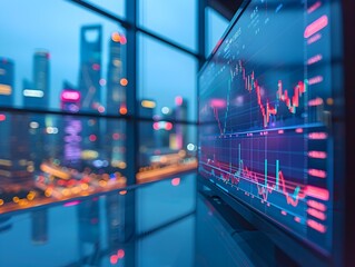 Financial Trading Screen Showcasing Market Data Against Cityscape Backdrop