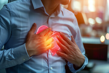 Middle aged man in office clutching chest in pain; heart attack symptoms evident