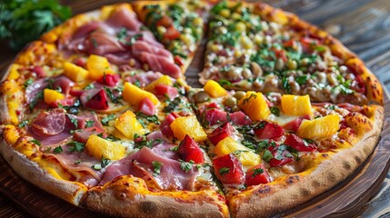 Contemporary pizza with an asymmetrical design, combining exotic fruits and spicy meats, captured...