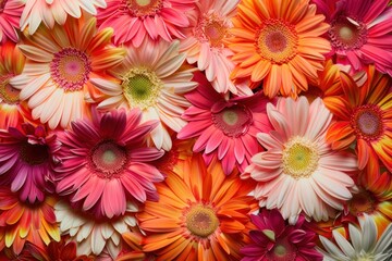 A colorful array of Gerbera daisies in shades of pink, orange, and yellow, densely packed to fill the entire image.