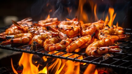 Grilled tasty shrimps on grill with fire