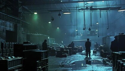 Portray a secretive meeting in a dark warehouse where a robber hands over stolen hightech gadgets to black market traders